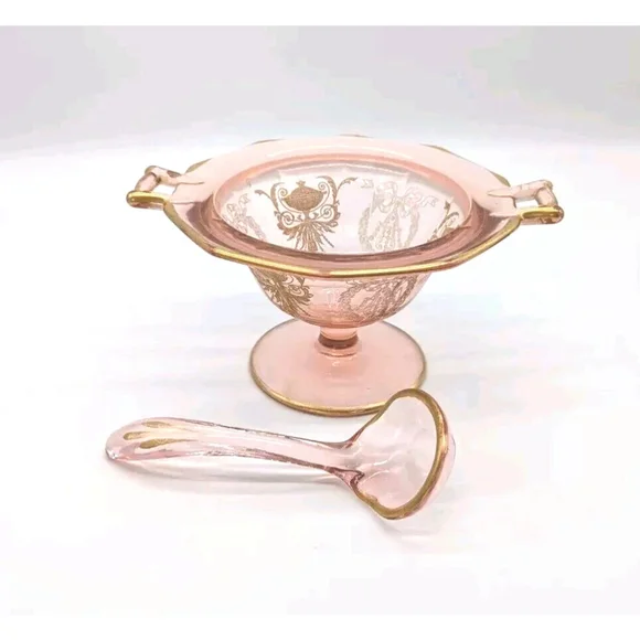 Pink Cambridge ? Gold Trim Mayonnaise Bowl and Ladle - Picture 2 of 9